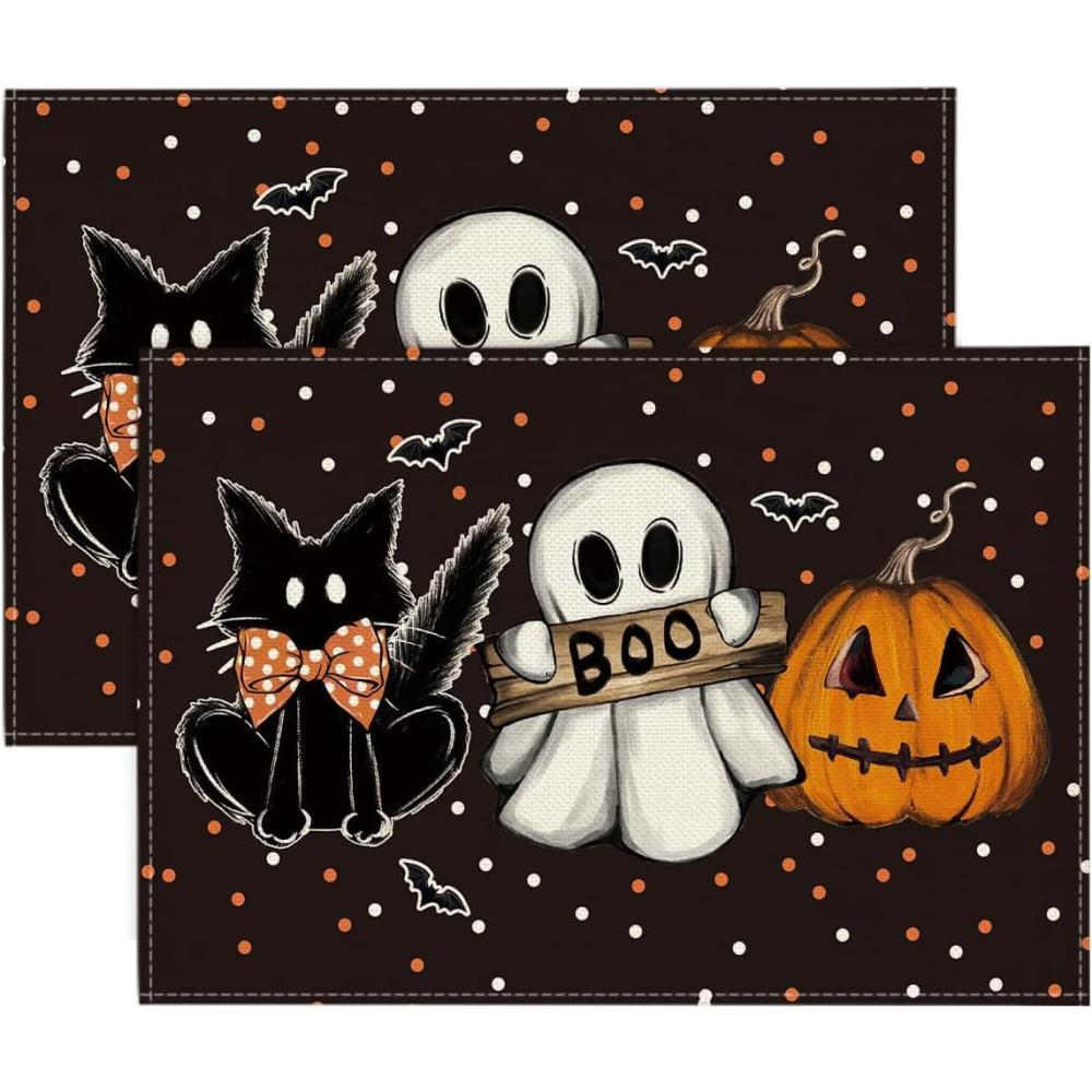 imageArtoid Mode Ghost Cat Halloween Round Placemats Set of 6 14 Inch Table Mats for Party Kitchen DiningBlack
