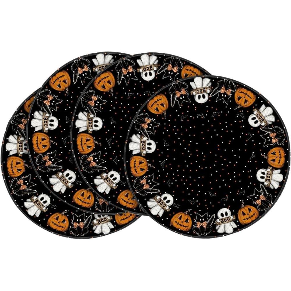 imageArtoid Mode Ghost Cat Halloween Round Placemats Set of 6 14 Inch Table Mats for Party Kitchen DiningBlackOrange