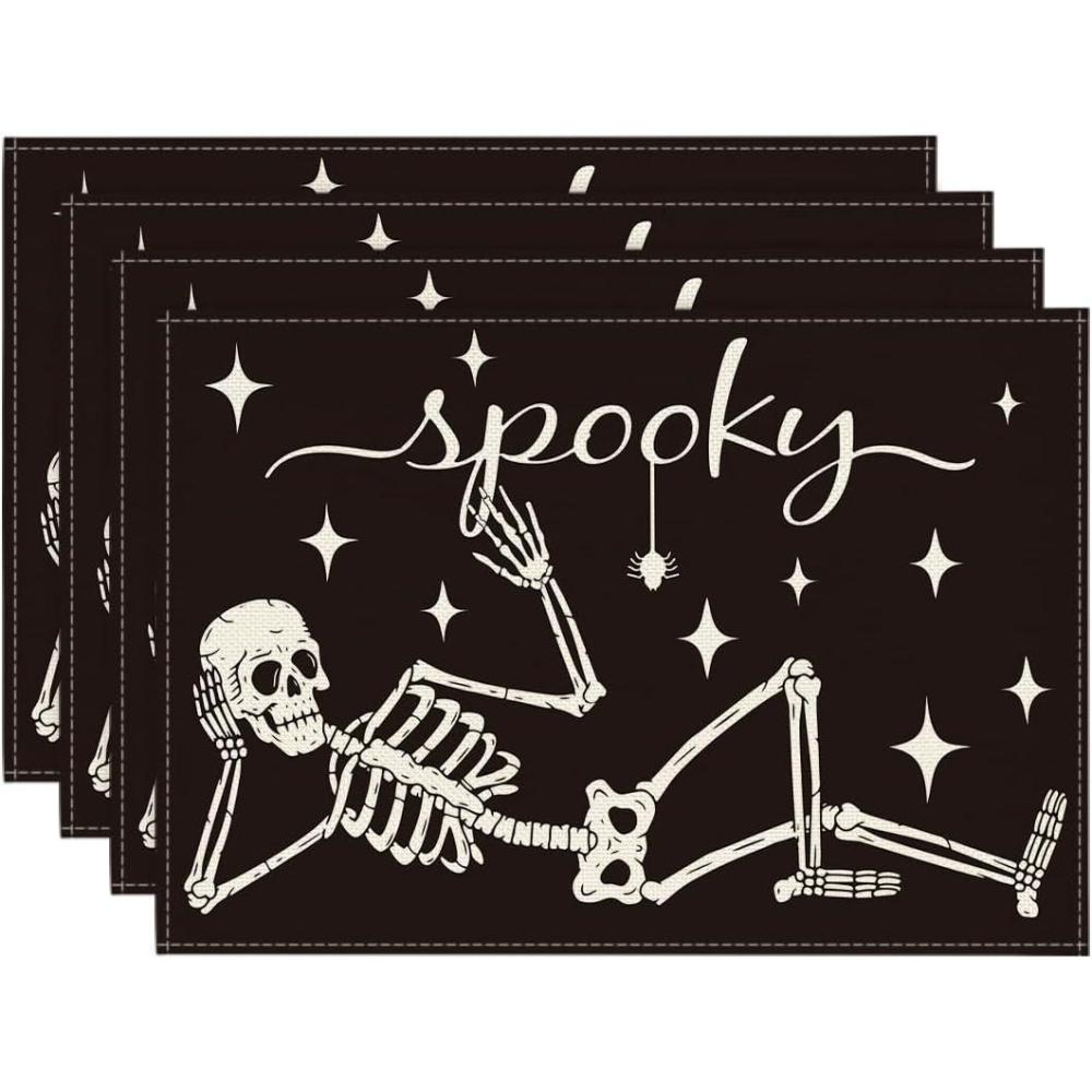imageArtoid Mode Spooky Skeleton Halloween Placemats Set of 4 12x18 Inch Seasonal Table Mats for Party Kitchen Dining DecorationBlackBeige