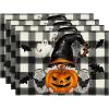 Artoid Mode Buffalo Plaid Gnome Pumpkin Bats Halloween Placemats Set of 4, 12×18 Inch Seasonal Table Mats for Party Kitchen Dining Decoration(Black/Beige)