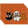 Artoid Mode Ghost Cat Halloween Round Placemats Set of 6, 14 Inch Table Mats for Party Kitchen Dining(Orange)
