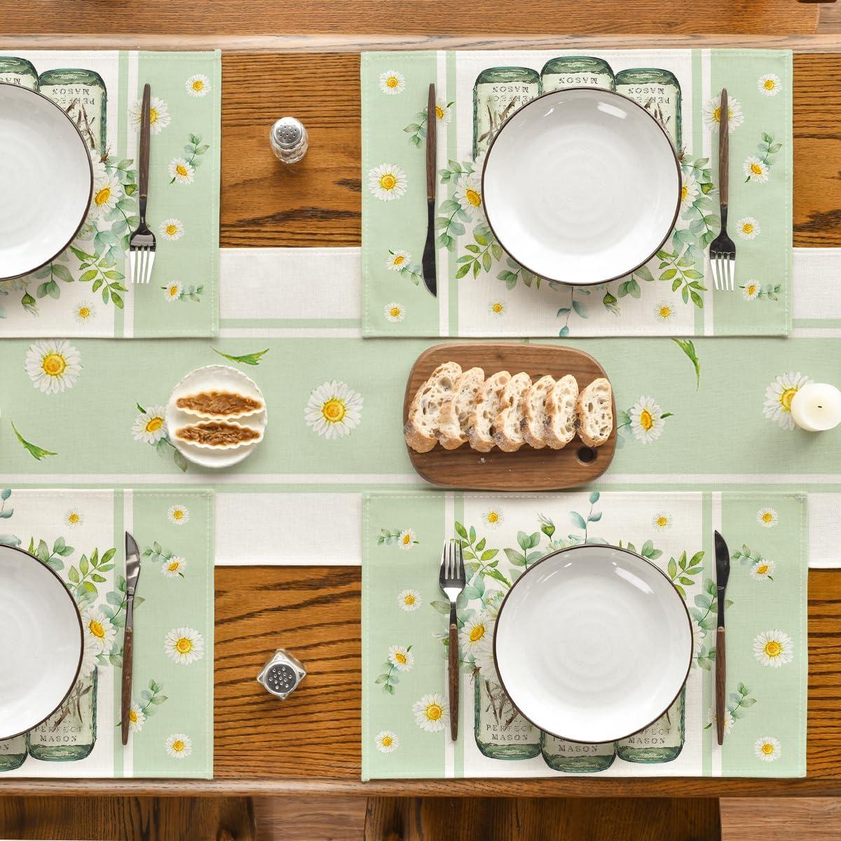imageArtoid Mode Eucalyptus Leaves Daisy Vase Placemats for Dining Table 12 x 18 Inch Spring Easter Summer Seasonal Holiday Decoration Rustic Vintage Washable Table Mats Set of 4 GreenGreen