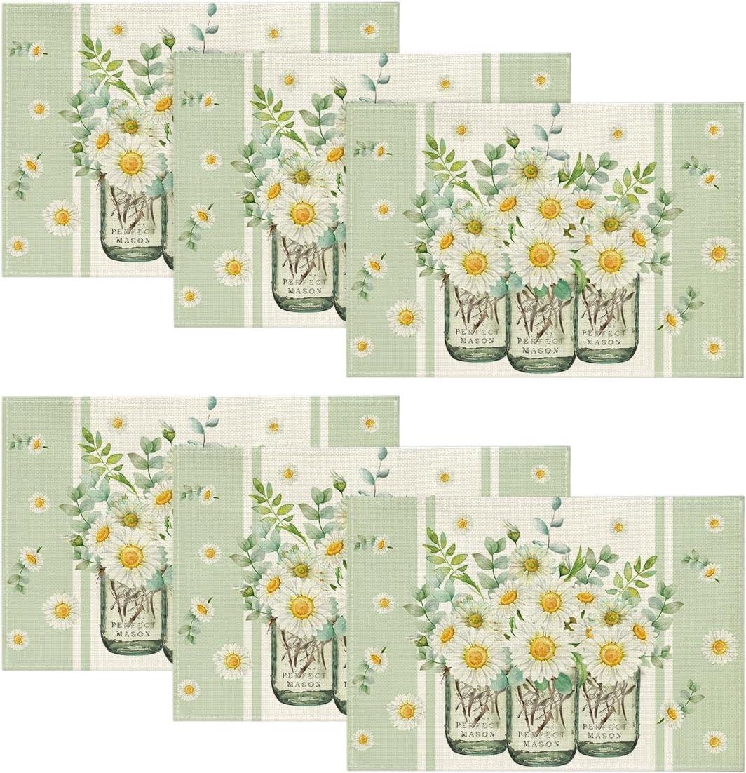 imageArtoid Mode Eucalyptus Leaves Daisy Vase Placemats for Dining Table 12 x 18 Inch Spring Easter Summer Seasonal Holiday Decoration Rustic Vintage Washable Table Mats Set of 4 GreenGreen