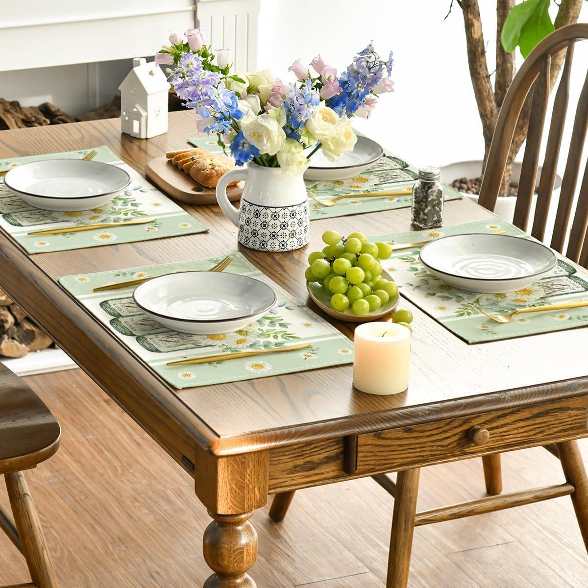 imageArtoid Mode Eucalyptus Leaves Daisy Vase Placemats for Dining Table 12 x 18 Inch Spring Easter Summer Seasonal Holiday Decoration Rustic Vintage Washable Table Mats Set of 4 GreenGreen