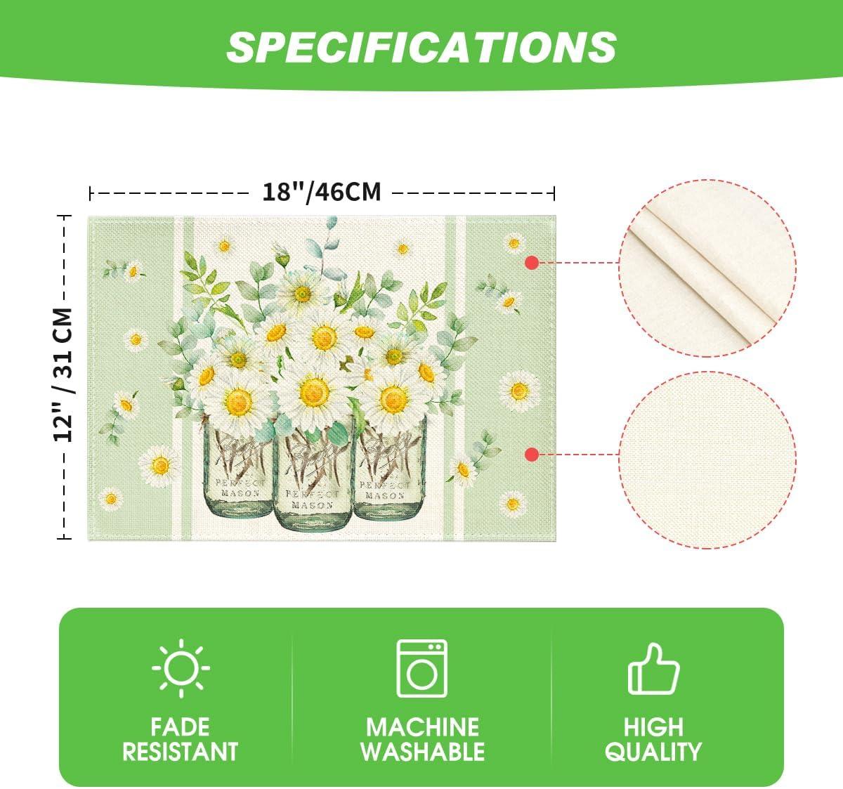 imageArtoid Mode Eucalyptus Leaves Daisy Vase Placemats for Dining Table 12 x 18 Inch Spring Easter Summer Seasonal Holiday Decoration Rustic Vintage Washable Table Mats Set of 4 GreenGreen