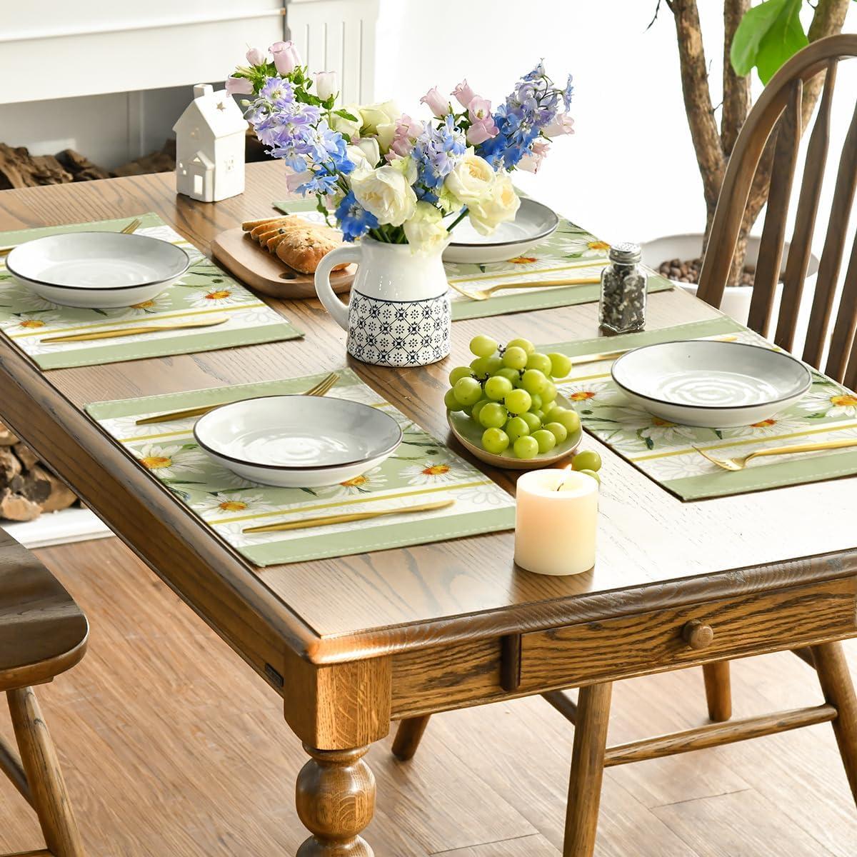 imageArtoid Mode Eucalyptus Leaves Daisy Vase Placemats for Dining Table 12 x 18 Inch Spring Easter Summer Seasonal Holiday Decoration Rustic Vintage Washable Table Mats Set of 4 GreenGreen
