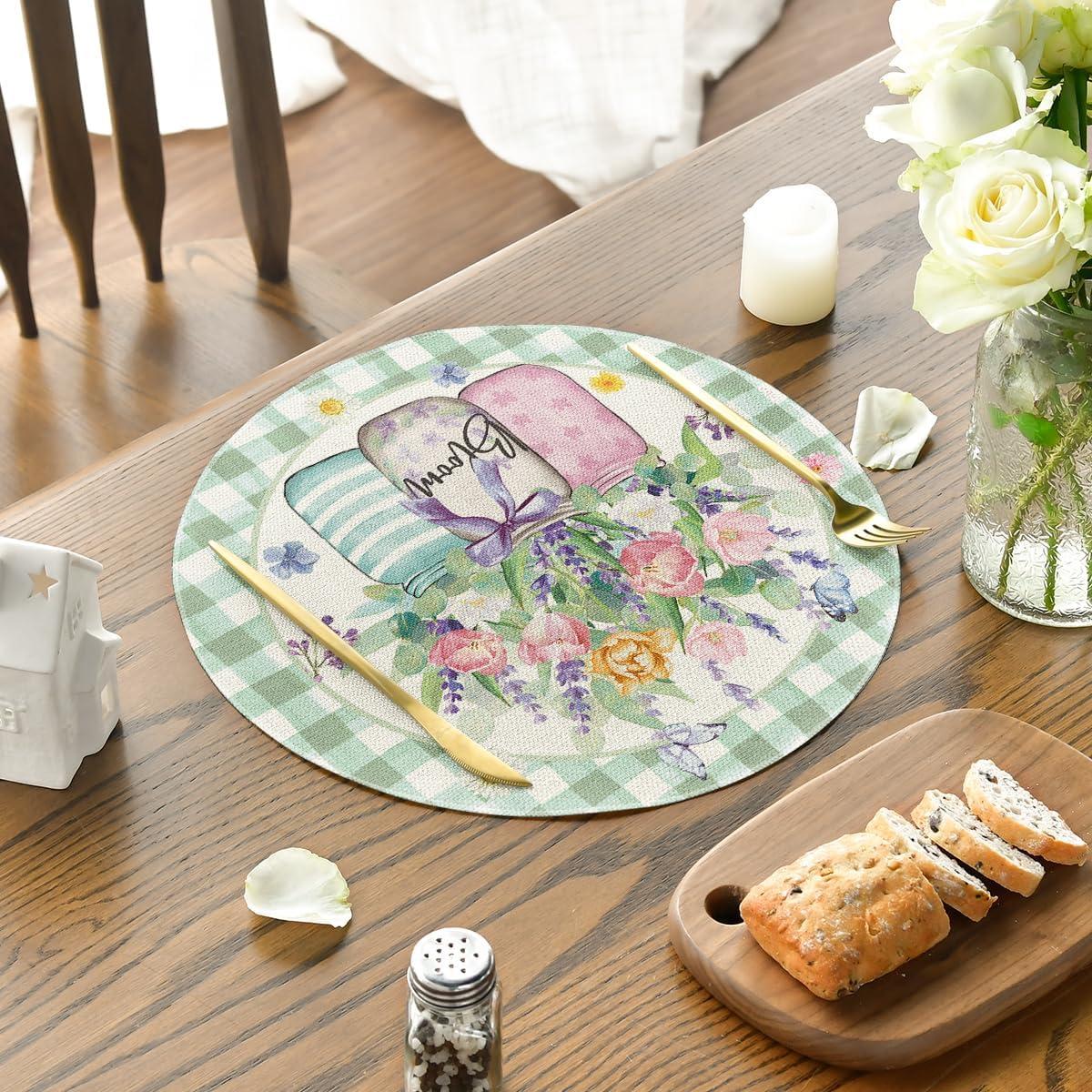 imageArtoid Mode Green Bloom Vase Floral Spring Round Placemats Set of 4 14 Inch Summer Holiday Round Table Mats for Dining DecorationGreen