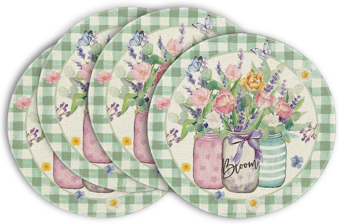 imageArtoid Mode Green Bloom Vase Floral Spring Round Placemats Set of 4 14 Inch Summer Holiday Round Table Mats for Dining DecorationGreen