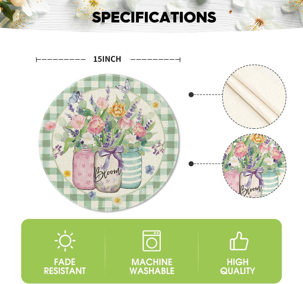 imageArtoid Mode Green Bloom Vase Floral Spring Round Placemats Set of 4 14 Inch Summer Holiday Round Table Mats for Dining DecorationGreen