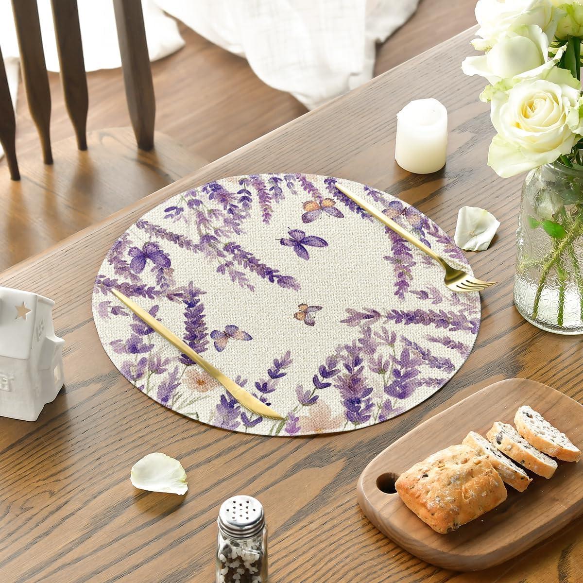 imageArtoid Mode Lavender Floral Flowers Spring Round Placemats Set of 4 14 Inch Seasonal Table Mats for Party Kitchen Dining DecorationLavender