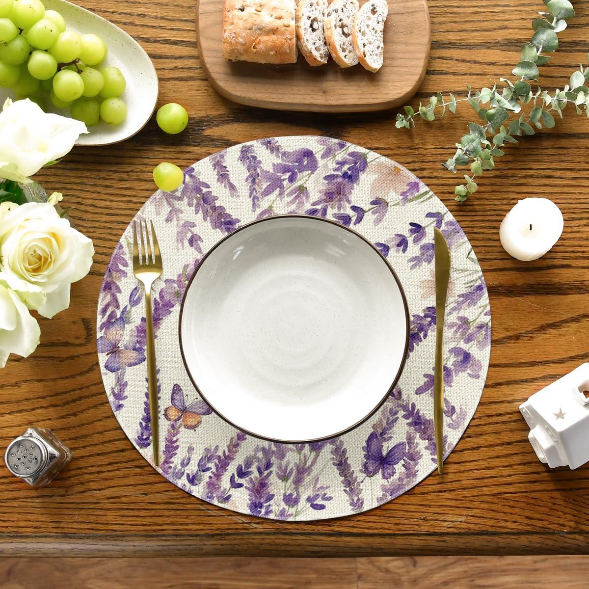 imageArtoid Mode Lavender Floral Flowers Spring Round Placemats Set of 4 14 Inch Seasonal Table Mats for Party Kitchen Dining DecorationLavender