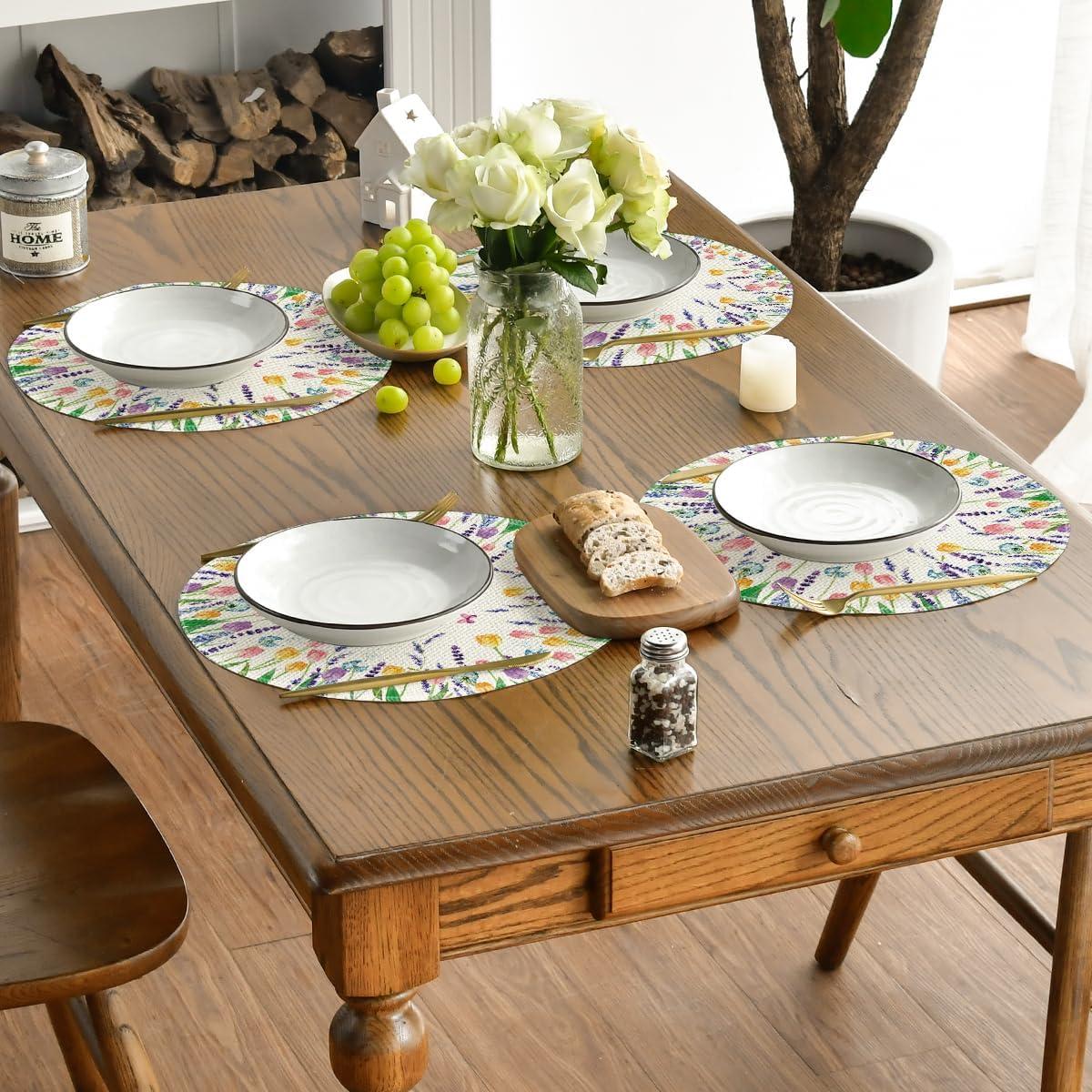 imageArtoid Mode Lavender Tulip Spring Round Placemats Set of 4 14 Inch Seasonal Summer Rustic Vintage Table Mats for Party Kitchen Dining DecorationBeige