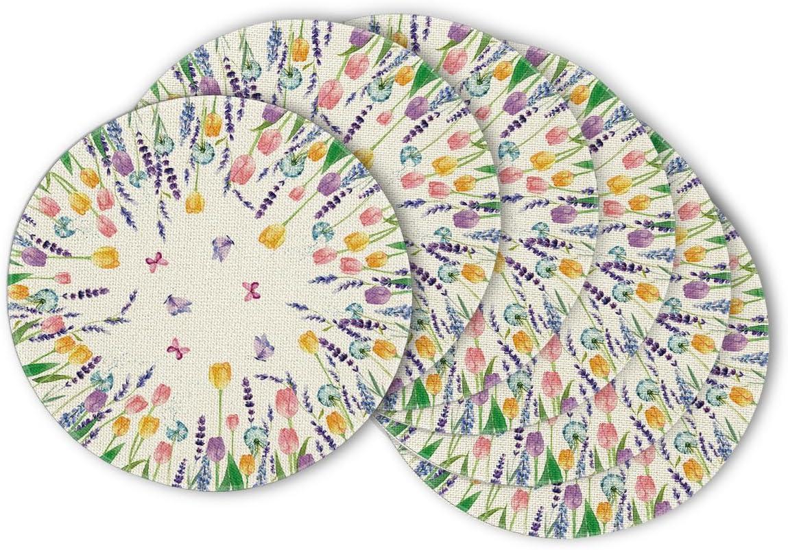 imageArtoid Mode Lavender Tulip Spring Round Placemats Set of 4 14 Inch Seasonal Summer Rustic Vintage Table Mats for Party Kitchen Dining DecorationBeige
