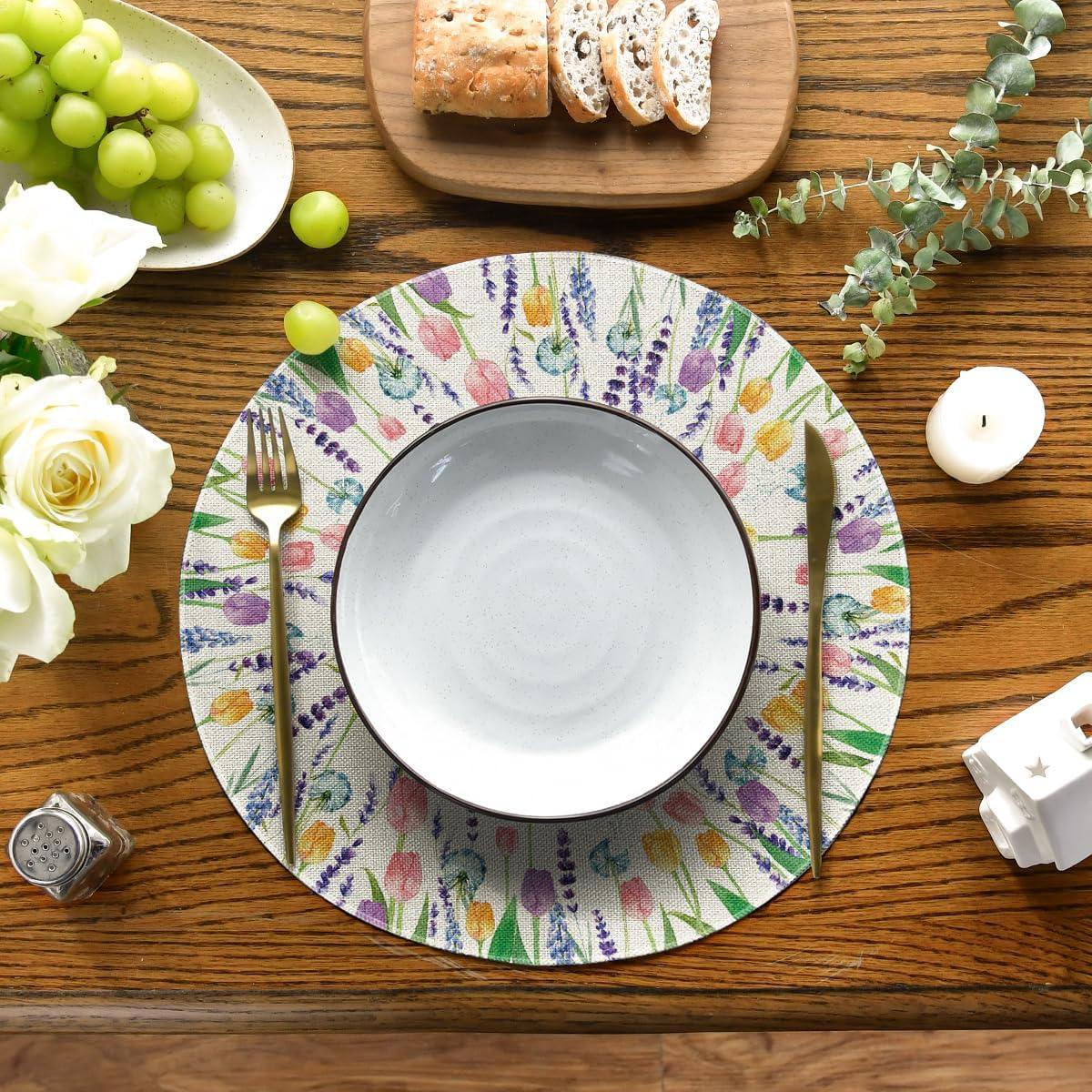 imageArtoid Mode Lavender Tulip Spring Round Placemats Set of 4 14 Inch Seasonal Summer Rustic Vintage Table Mats for Party Kitchen Dining DecorationBeige