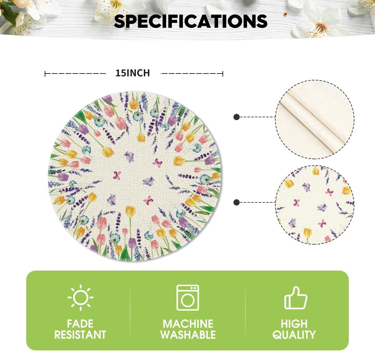 imageArtoid Mode Lavender Tulip Spring Round Placemats Set of 4 14 Inch Seasonal Summer Rustic Vintage Table Mats for Party Kitchen Dining DecorationBeige