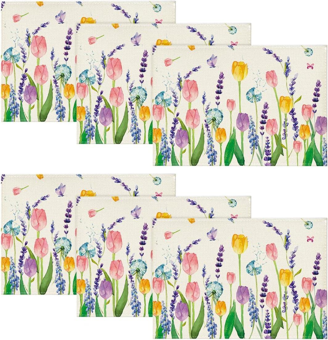 imageArtoid Mode Lavender Tulip Spring Round Placemats Set of 4 14 Inch Seasonal Summer Rustic Vintage Table Mats for Party Kitchen Dining DecorationBeige