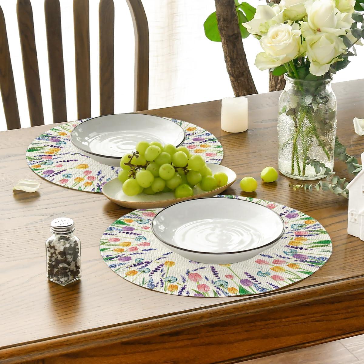 imageArtoid Mode Lavender Tulip Spring Round Placemats Set of 4 14 Inch Seasonal Summer Rustic Vintage Table Mats for Party Kitchen Dining DecorationBeige