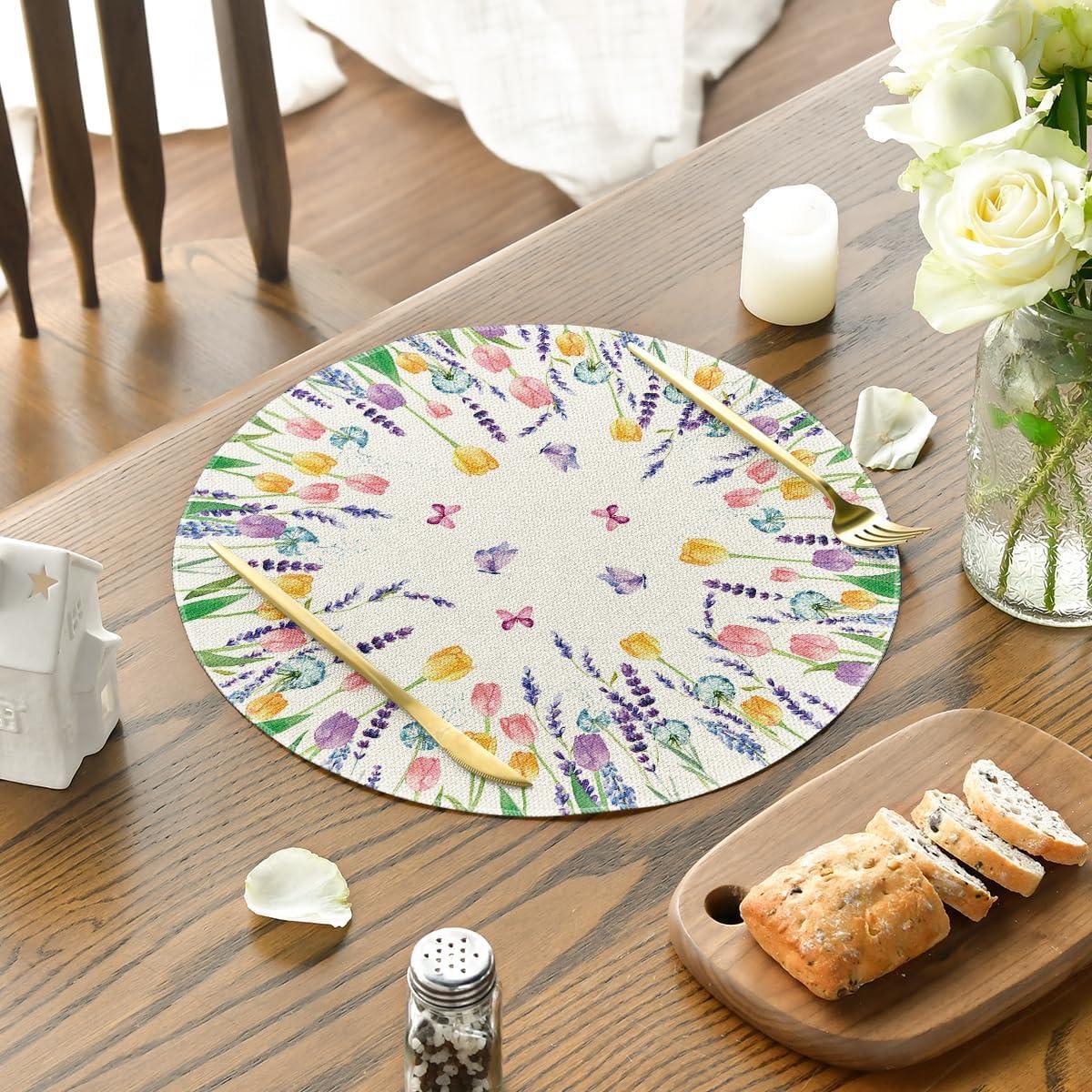 imageArtoid Mode Lavender Tulip Spring Round Placemats Set of 4 14 Inch Seasonal Summer Rustic Vintage Table Mats for Party Kitchen Dining DecorationBeige