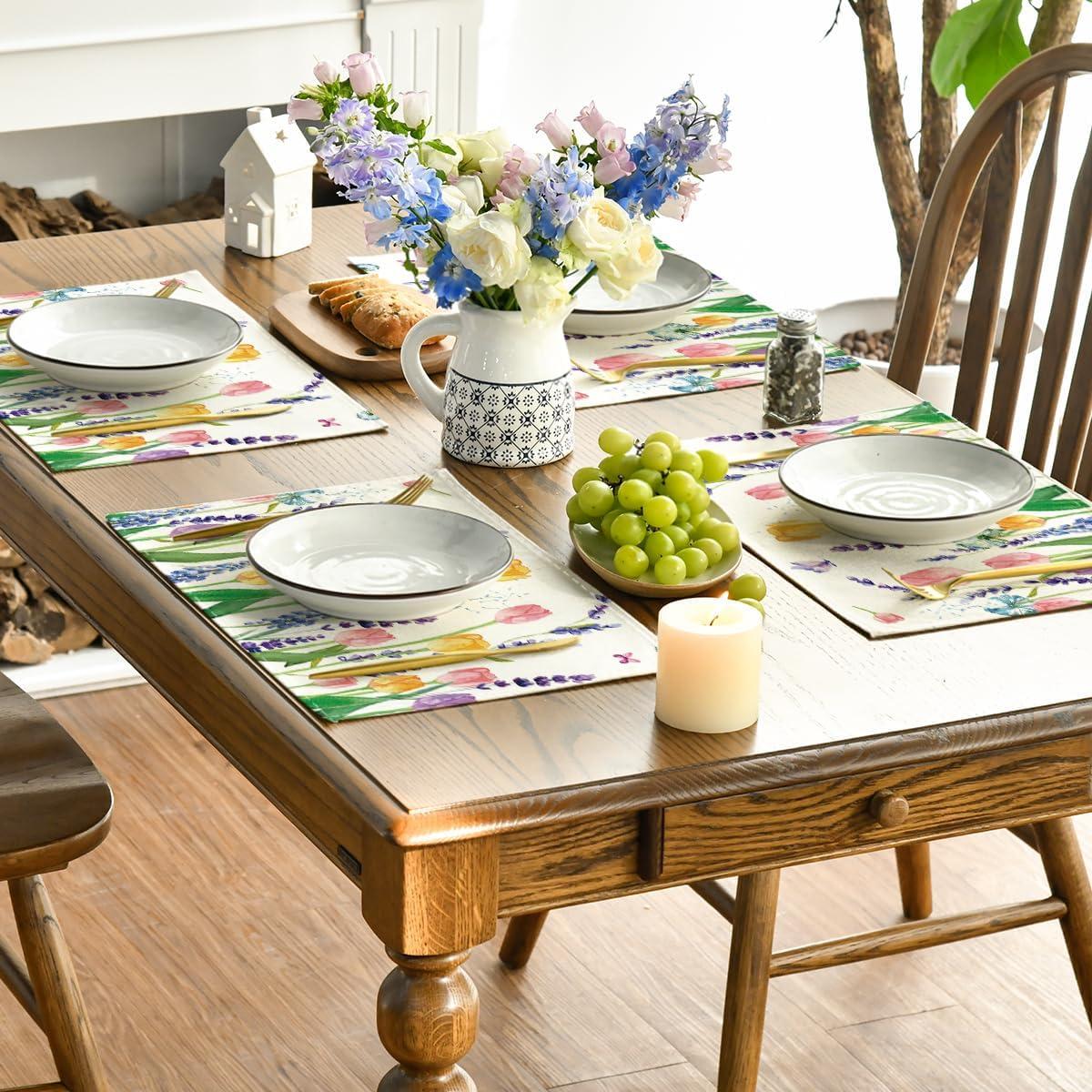 imageArtoid Mode Lavender Tulip Spring Round Placemats Set of 4 14 Inch Seasonal Summer Rustic Vintage Table Mats for Party Kitchen Dining DecorationBeige