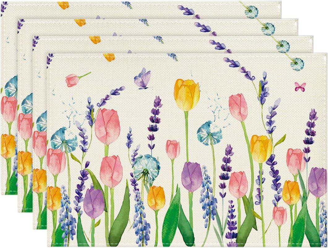 imageArtoid Mode Lavender Tulip Spring Round Placemats Set of 4 14 Inch Seasonal Summer Rustic Vintage Table Mats for Party Kitchen Dining DecorationBeige