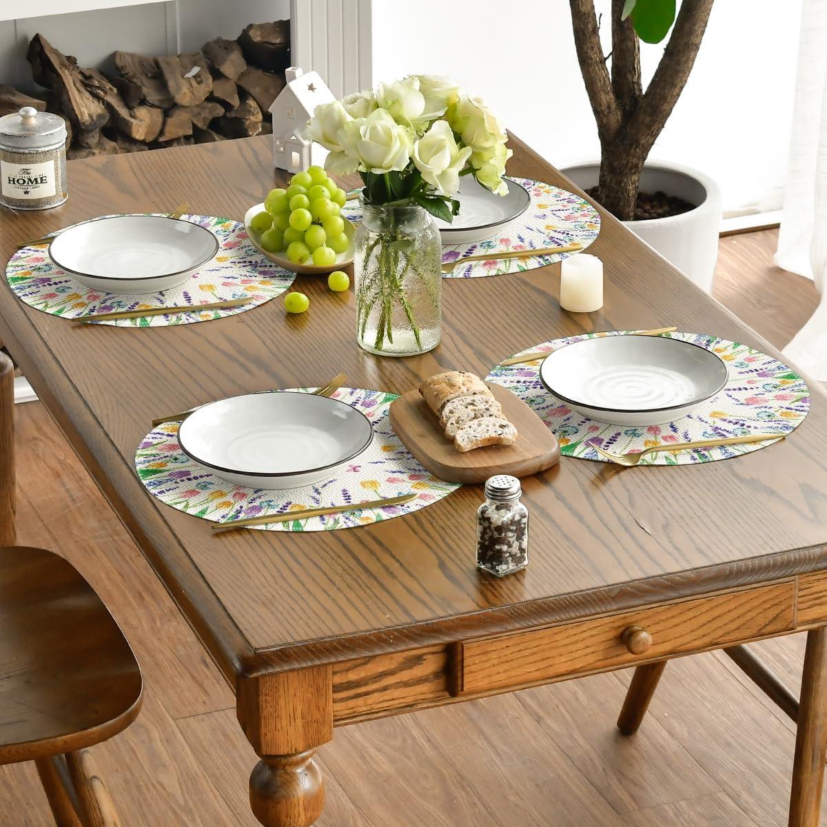 imageArtoid Mode Lavender Tulip Spring Round Placemats Set of 4 14 Inch Seasonal Summer Rustic Vintage Table Mats for Party Kitchen Dining DecorationBeige