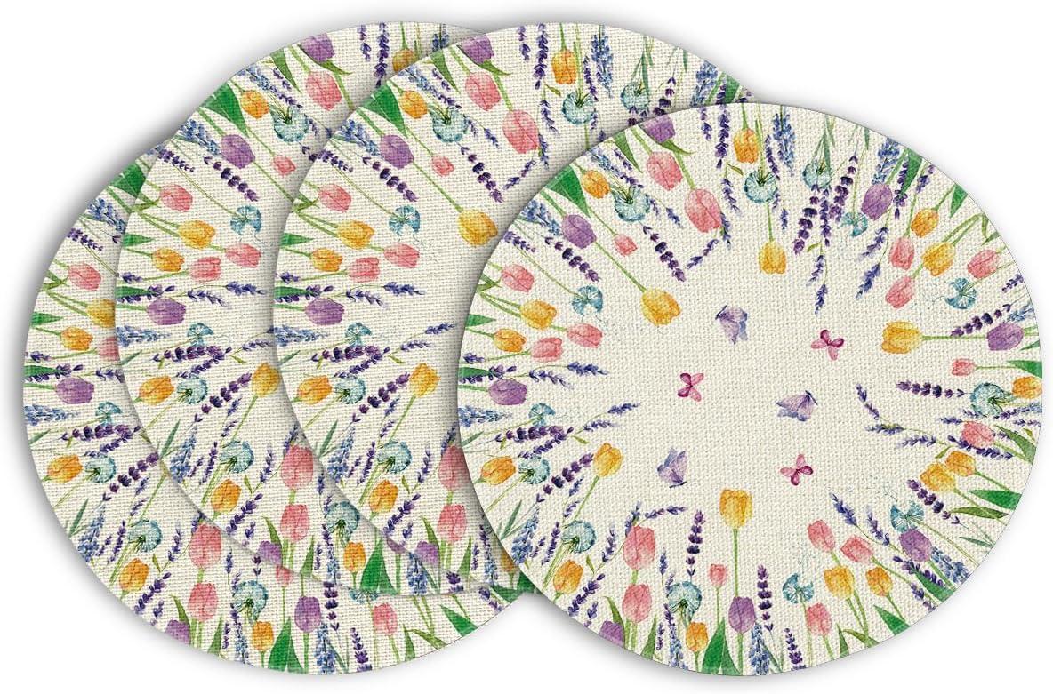 imageArtoid Mode Lavender Tulip Spring Round Placemats Set of 4 14 Inch Seasonal Summer Rustic Vintage Table Mats for Party Kitchen Dining DecorationBeige