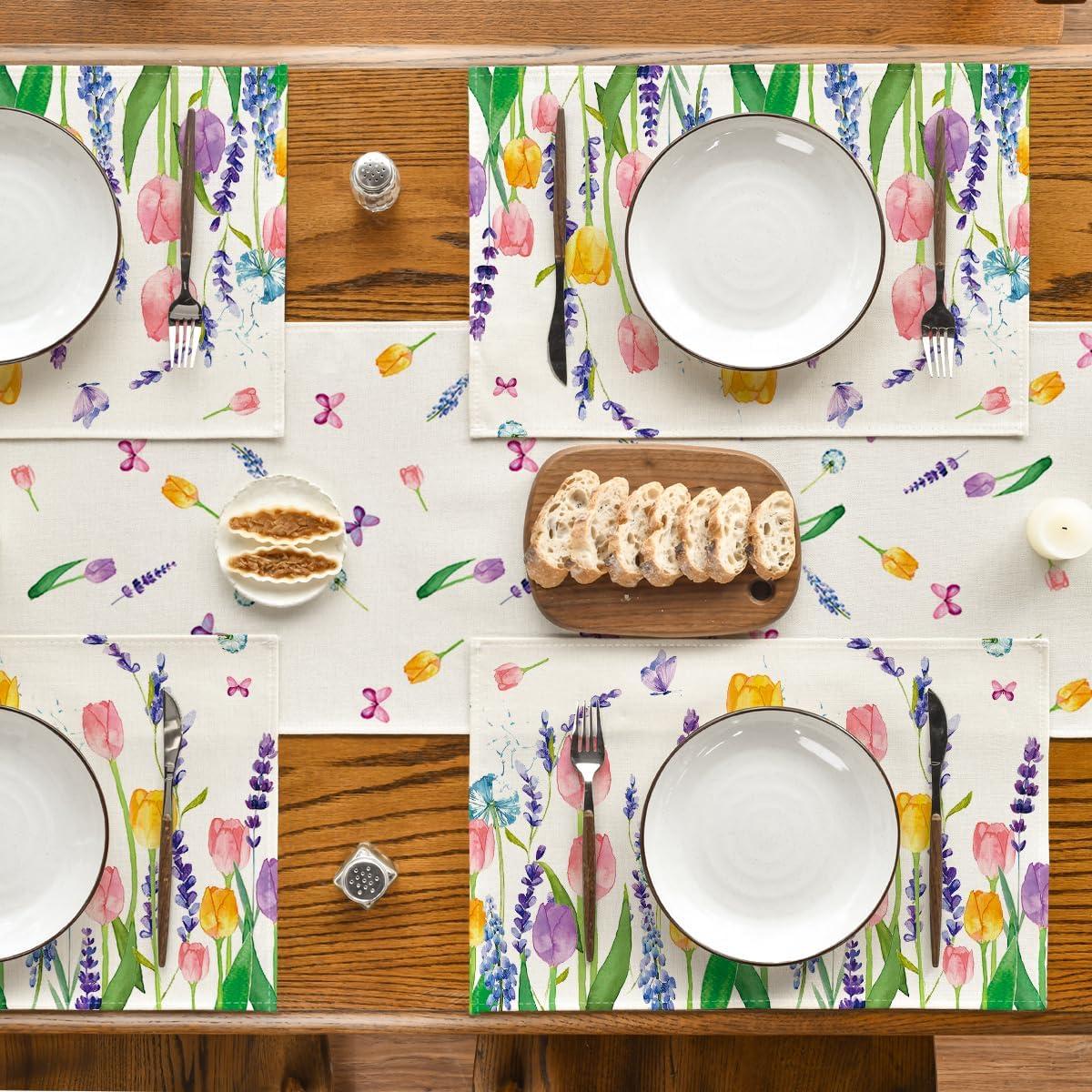 imageArtoid Mode Lavender Tulip Spring Round Placemats Set of 4 14 Inch Seasonal Summer Rustic Vintage Table Mats for Party Kitchen Dining DecorationBeige