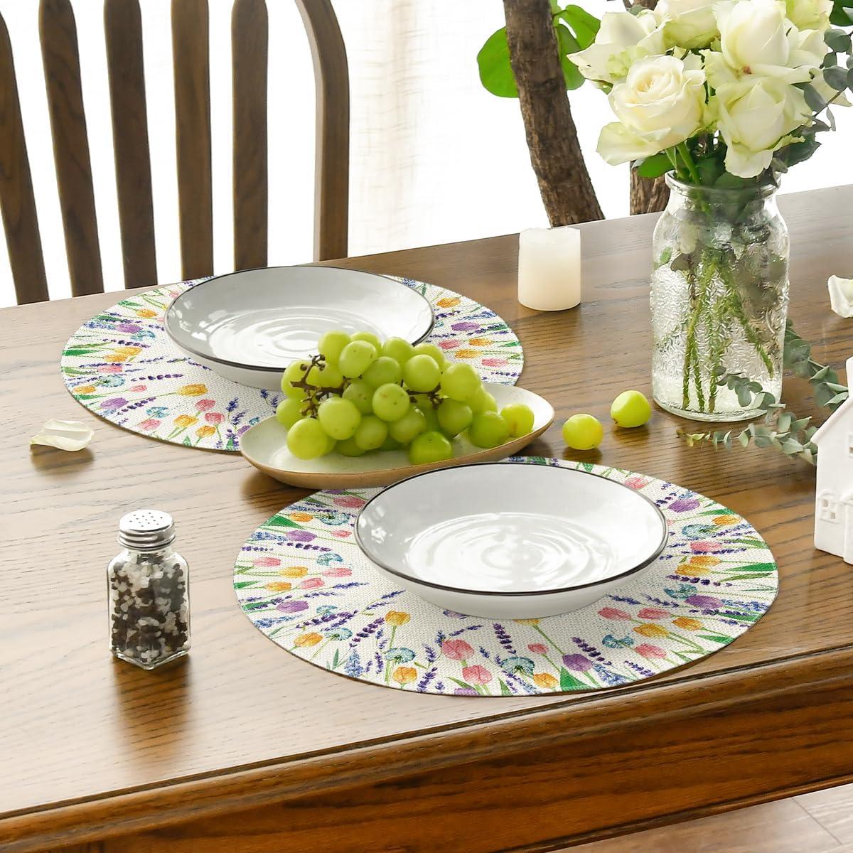 imageArtoid Mode Lavender Tulip Spring Round Placemats Set of 4 14 Inch Seasonal Summer Rustic Vintage Table Mats for Party Kitchen Dining DecorationBeige