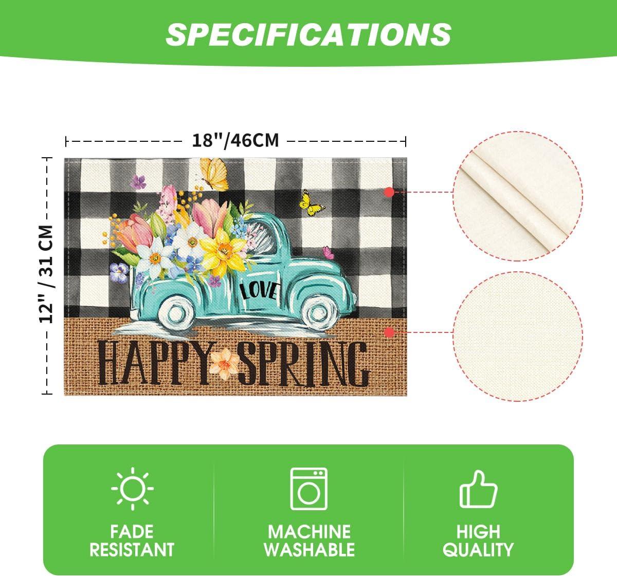imageArtoid Mode Truck Flowers Happy Spring Placemats Set of 4 12x18 Inch Seasonal Easter Summer Holiday Table Mats for Party Kitchen Dining DecorationBlackBeige