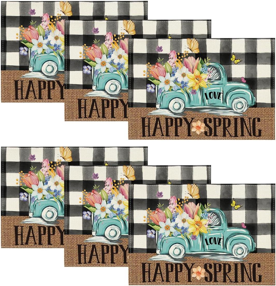 imageArtoid Mode Truck Flowers Happy Spring Placemats Set of 4 12x18 Inch Seasonal Easter Summer Holiday Table Mats for Party Kitchen Dining DecorationBlackBeige