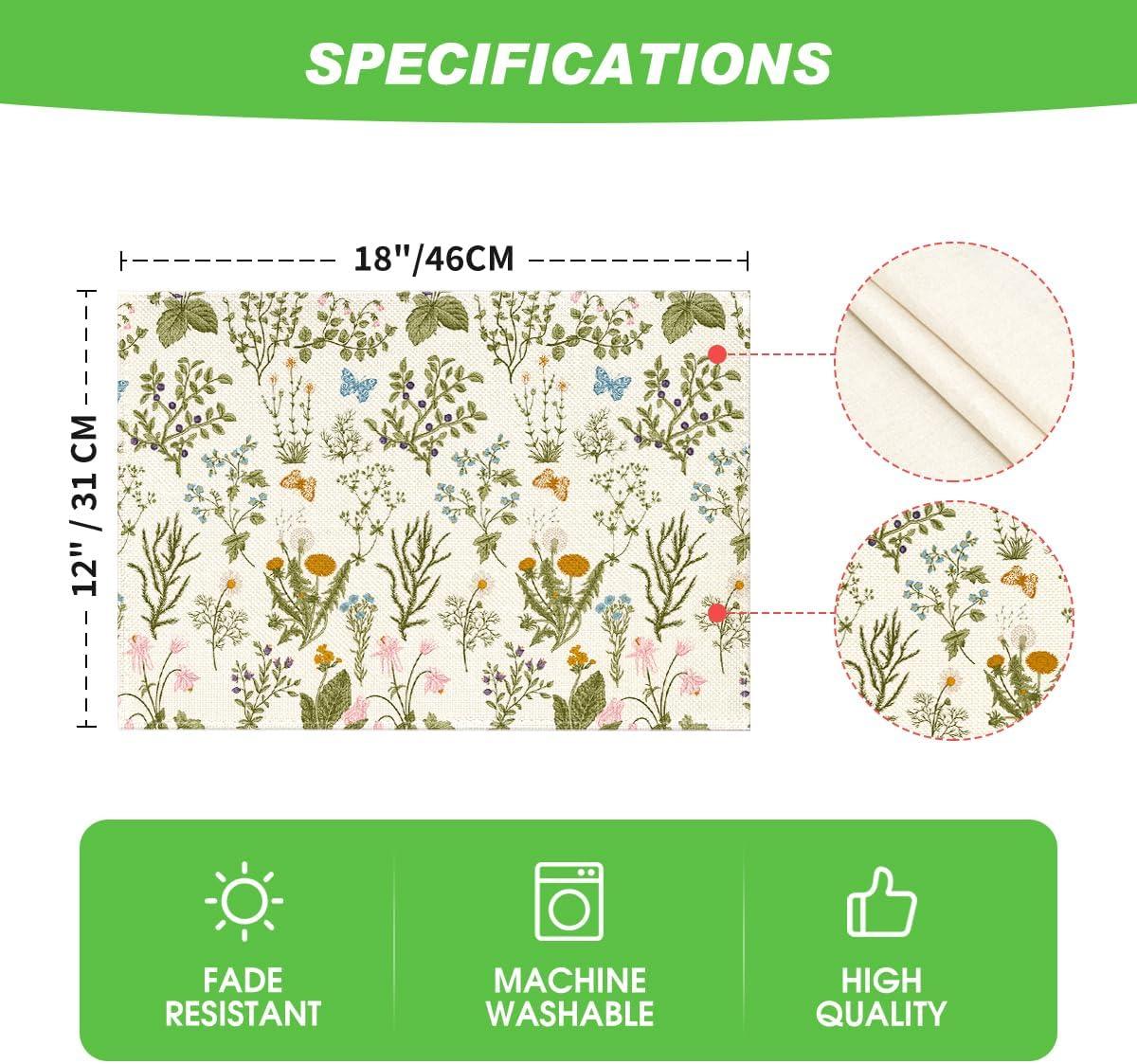 imageArtoid Mode Wildflowers Floral Spring Placemats Set of 4 12x18 Inch Seasonal Summer Butterfly Table Mats for Party Kitchen Dining Decoration