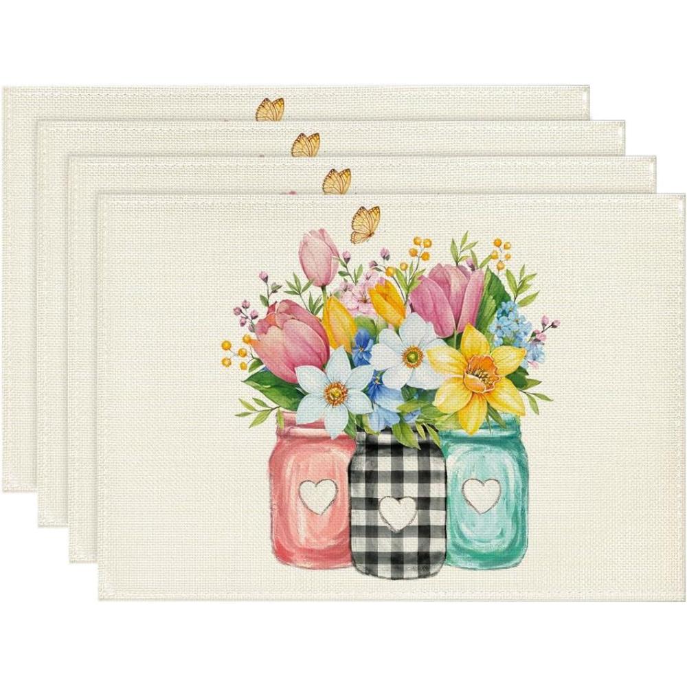 imageArtoid Mode Bottle Wild Flowers Butterfly Round Spring Placemats Set of 4 14 Inch Summer Round Table Mats for Dining DecorationBeige