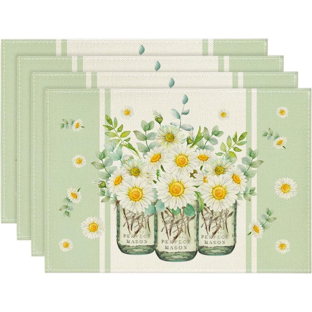 imageArtoid Mode Eucalyptus Leaves Daisy Vase Placemats for Dining Table 12 x 18 Inch Spring Easter Summer Seasonal Holiday Decoration Rustic Vintage Washable Table Mats Set of 4 GreenGreen