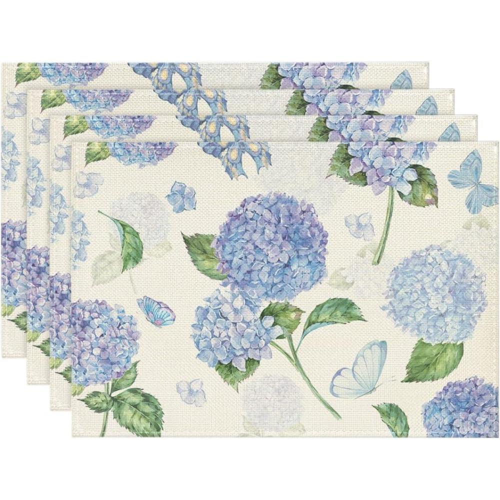 imageArtoid Mode Hydrangea Butterfly Spring Placemats Set of 4 12x18 Inch Seasonal Summer Holiday Table Mats for Party Kitchen Dining DecorationBeige