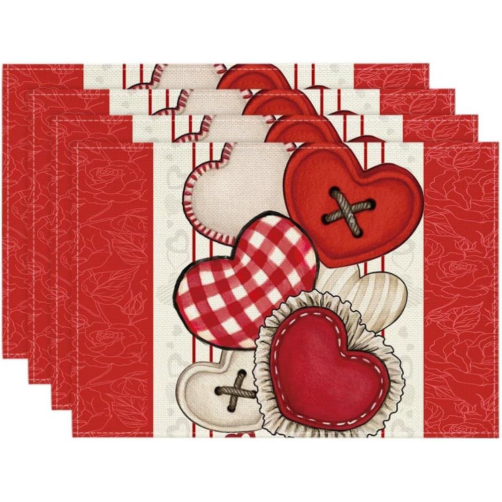 imageArtoid Mode Red HeartShaped Buttons Valentine Placemats Set of 4 12x18 Inch Anniversary Wedding Table Mats for Party Kitchen Dining DecorationRed