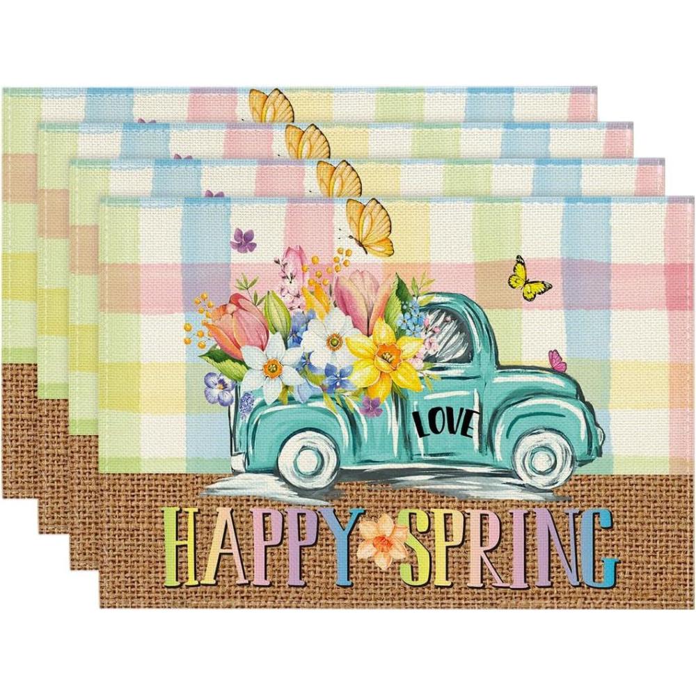 imageArtoid Mode Truck Flowers Happy Spring Placemats Set of 4 12x18 Inch Seasonal Easter Summer Holiday Table Mats for Party Kitchen Dining DecorationBluePink