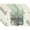 Artoid Mode Eucalyptus Buffalo Plaid Spring Placemats Set of 4, 14 Inch Round Vase Seasonal Table Mats for Party Kitchen Dining Decoration(Beige/Green)