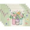 Artoid Mode Green Bloom Vase Floral Spring Round Placemats Set of 4, 14 Inch Summer Holiday Round Table Mats for Dining Decoration(Green)