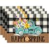 Artoid Mode Truck Flowers Happy Spring Placemats Set of 4, 12×18 Inch Seasonal Easter Summer Holiday Table Mats for Party Kitchen Dining Decoration(Black/Beige)