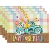 Artoid Mode Truck Flowers Happy Spring Placemats Set of 4, 12×18 Inch Seasonal Easter Summer Holiday Table Mats for Party Kitchen Dining Decoration(Blue/Pink)