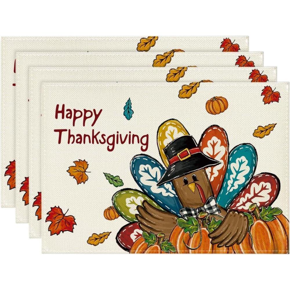 imageArtoid Mode Turkey Happy Thanksgiving Placemats Set of 4 12x18 Inch Seasonal Table Mats for Party Kitchen Dining Decoration