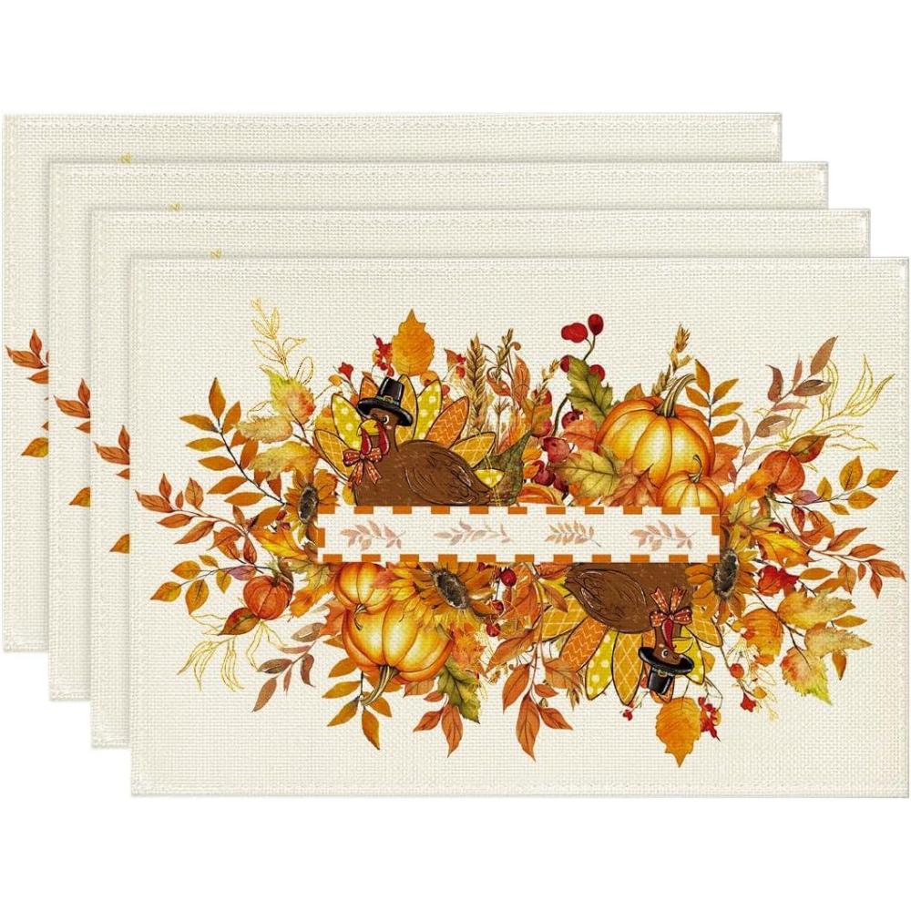 imageArtoid Mode Turkey Harvest Thanksgiving Placemats Set of 4 12x18 Inch Seasonal Table Mats for Party Kitchen Dining Decoration