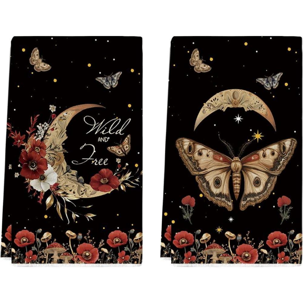 imageArtoid Mode Black Moon Butterfly Floral Halloween Kitchen Towels Dish Towels 18x26 Inch Farmhouse Spooky Decoration Hand Towels Set of 2