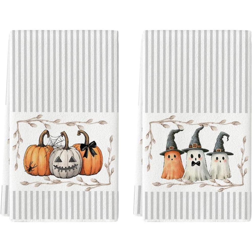 imageArtoid Mode Orange Black Stripes Pumpkin Ghost Halloween Kitchen Towels Dish Towels 18x26 Inch Farmhouse Spider Decoration Hand Towels Set of 2Beige