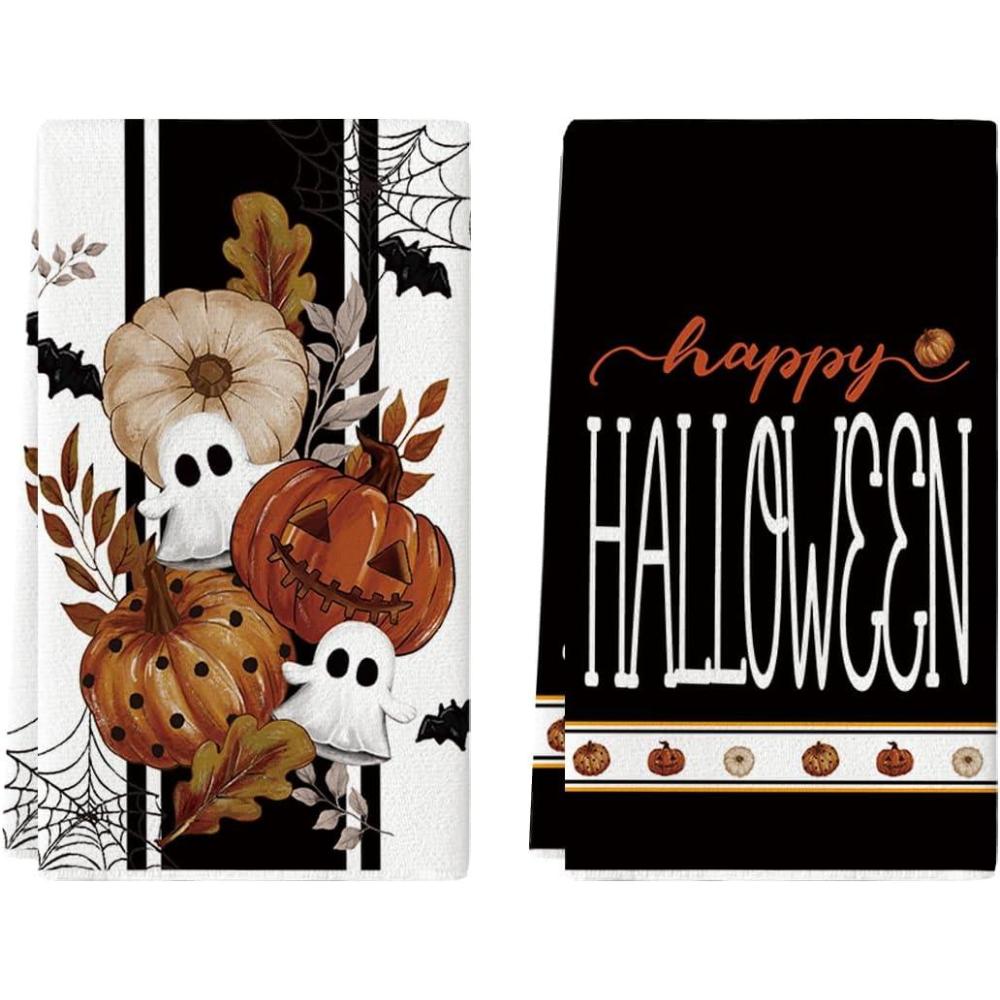 imageArtoid Mode Pink Ghost Polka Dot Pumpkin Happy Halloween Kitchen Towels Dish Towels 18x26 Inch Farmhouse Flower Bat Decoration Hand Towels Set of 2Black