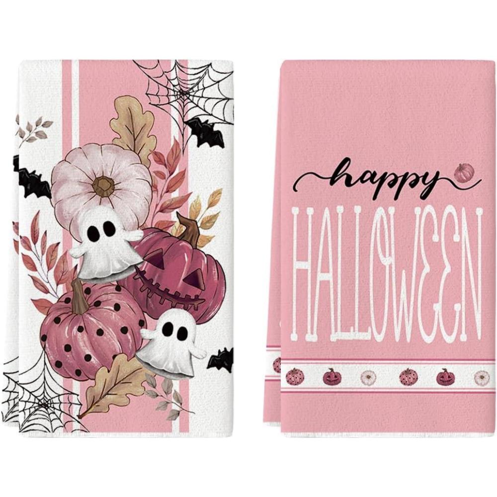 imageArtoid Mode Pink Ghost Polka Dot Pumpkin Happy Halloween Kitchen Towels Dish Towels 18x26 Inch Farmhouse Flower Bat Decoration Hand Towels Set of 2Pink