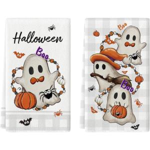 Artoid Mode Beige Beads Pumpkin Ghost Halloween Kitchen Towels Dish Towels, 18×26 Inch Farmhouse Bats Spider Decoration Hand Towels Set of 2(Beige)