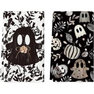 Artoid Mode Black Ghost Pumpkin Halloween Kitchen Towels Dish Towels, 18×26 Inch Farmhouse Flower Decoration Hand Towels Set of 2