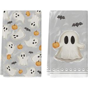 Artoid Mode Grey Pumpkin Ghost Halloween Kitchen Towels Dish Towels, 18×26 Inch Farmhouse Bats Spooky Decoration Hand Towels Set of 2