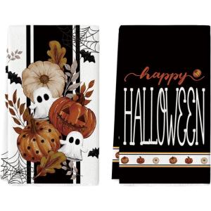 Artoid Mode Pink Ghost Polka Dot Pumpkin Happy Halloween Kitchen Towels Dish Towels, 18×26 Inch Farmhouse Flower Bat Decoration Hand Towels Set of 2(Black)
